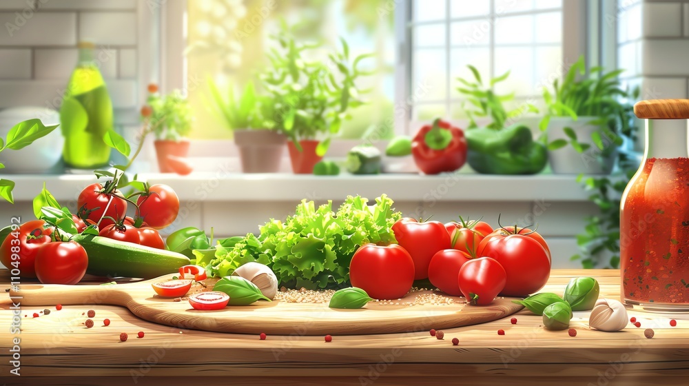 Fresh vegetables on a wooden cutting board in a kitchen. Fresh vegetables on a wooden cutting board in a kitchen.