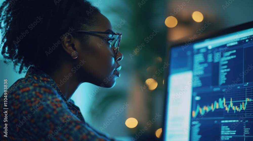 Woman analyzing data on a computer screen in a dimly lit room. Woman analyzing data on a computer screen in a dimly lit room.