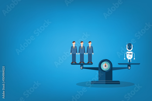 Balance scales man vs Ai bot. Competition concept artificial intelligence digital technology. Ai robot standing on the scale and equal to businessman.