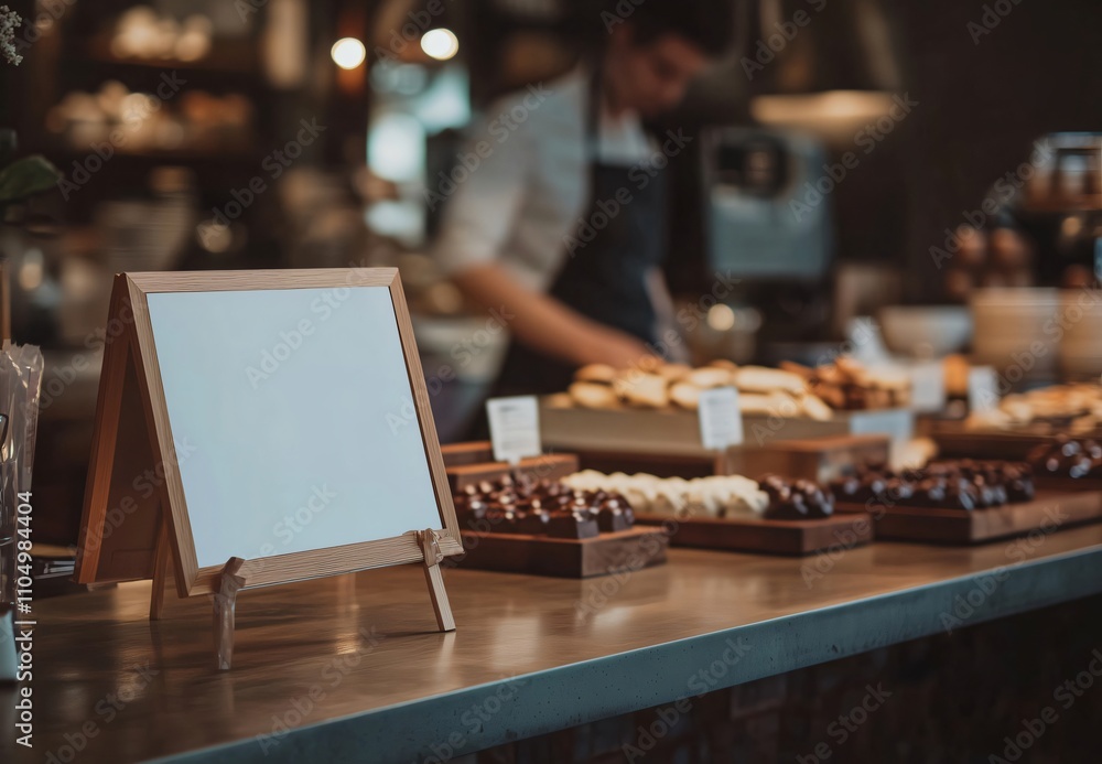 Empty sign announces information mockup template in food market with chef preparing food Empty sign announces information mockup template in food market with chef preparing food