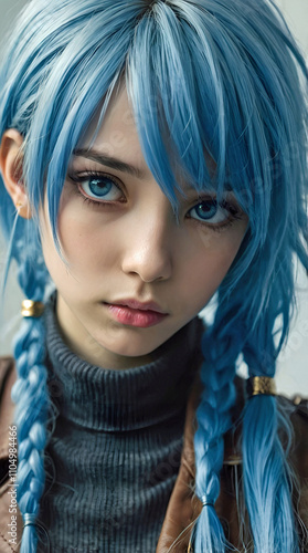 Hyper Realistic Portrait Of A Young Woman With Striking Blue Hair Braids And Intense Blue Eyes Wearing A Stylish Outfit