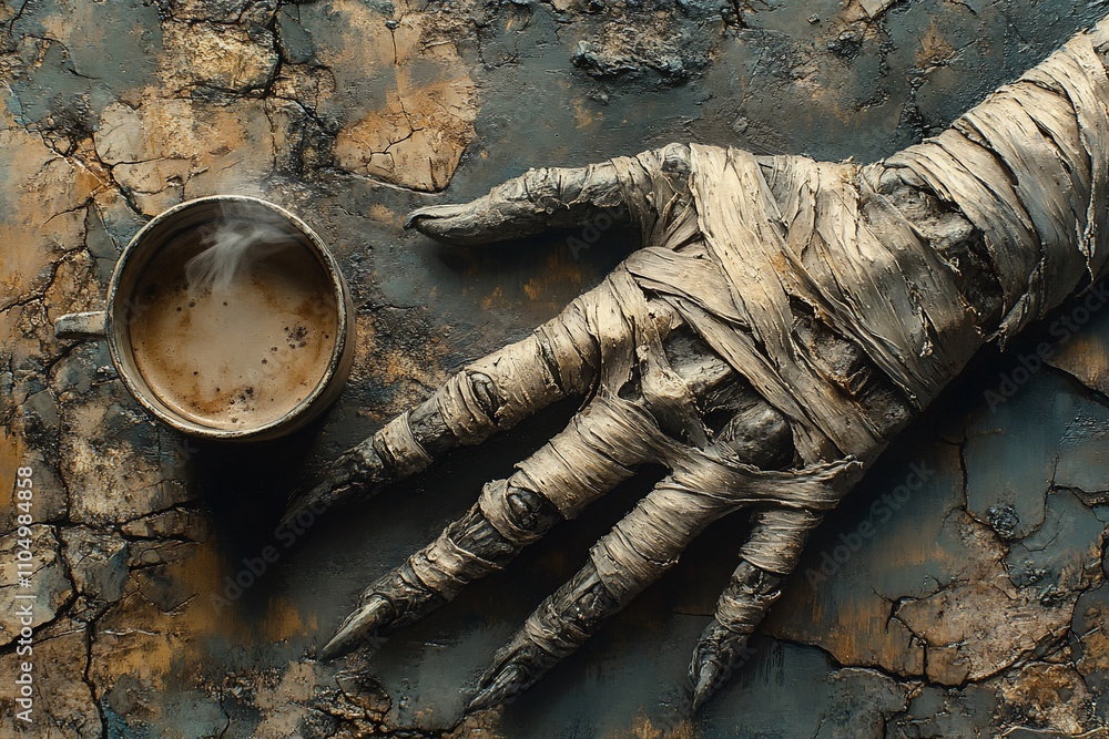 Fototapeta premium Mummy hand reaching for steaming coffee on cracked earth.
