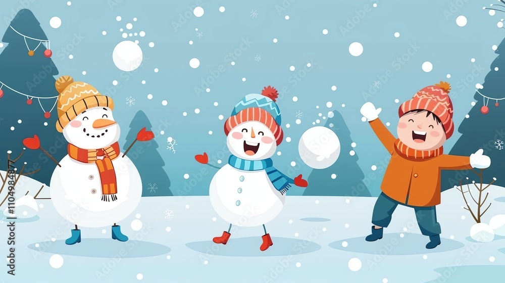 Cartoon illustration of a boy and two snowmen throwing snowballs. Cartoon illustration of a boy and two snowmen throwing snowballs.