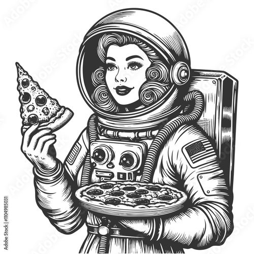 astronaut with slice of pepperoni pizza in space, surrounded by stars in a retro style sketch engraving generative ai vector illustration. Scratch board imitation. Black and white image.