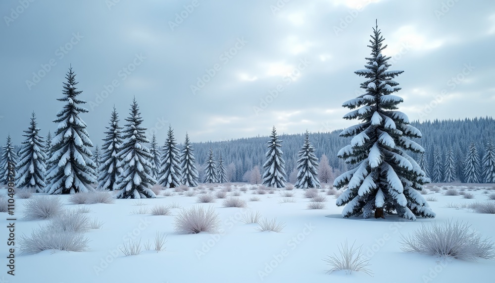 Snow-covered trees in a field on a cloudy day Snow-covered trees in a field on a cloudy day