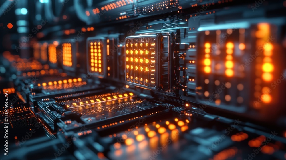 Close-up of glowing server racks in a data center, with intricate circuitry and orange lights. Close-up of glowing server racks in a data center, with intricate circuitry and orange lights.