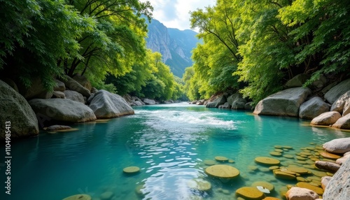 A serene mountain river with crystal blue waters and lush greenery on either side
