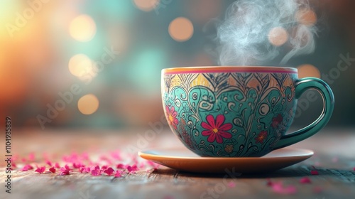 Ornate Teacup Steaming Hot Beverage on Wooden Table photo