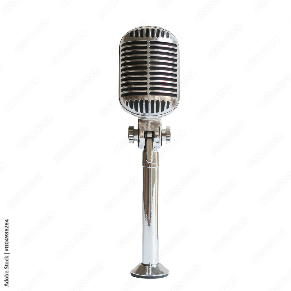 Fototapeta premium Classic silver music microphone on a transparent background perfect for retro-themed events or music promotions, A retro classic silver music microphone, transparent background.