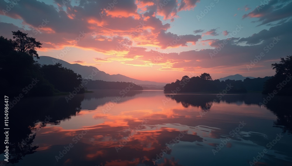 Obraz premium Sunset reflection on serene lake 