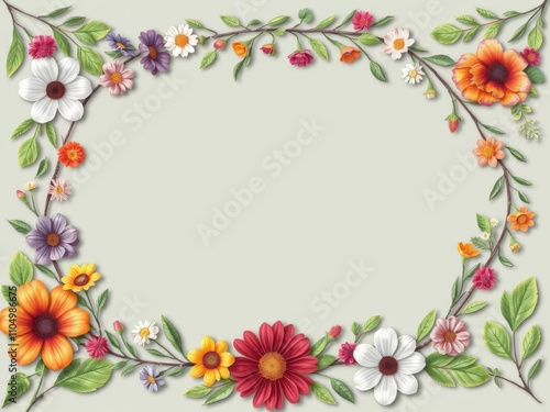 Floral decoration frame with various flowers and green leaves surrounding an empty space in the center, space, botanical