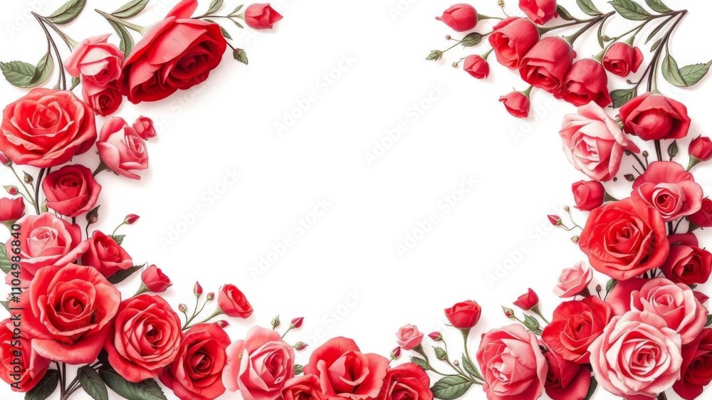 Frame made of red roses surrounding a white background, border, garden Frame made of red roses surrounding a white background, border, garden
