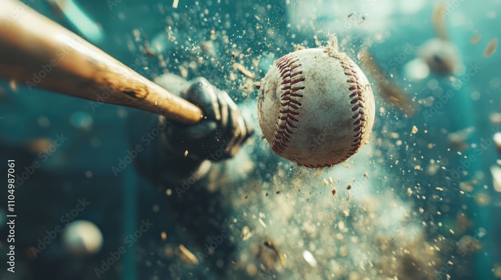 Close-up of baseball bat hitting ball, dirt flying.