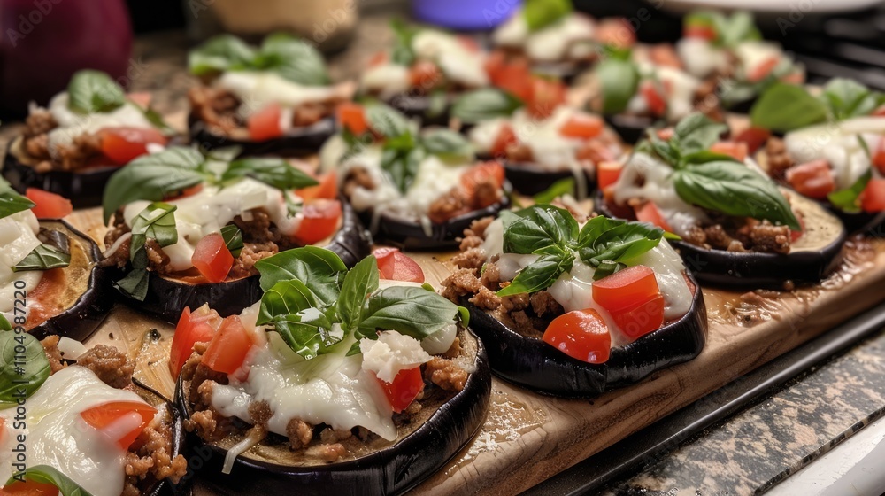 Mini Eggplant Pizza with Minced Meat, Mozzarella, Basil, and Veggie Toppings Mini Eggplant Pizza with Minced Meat, Mozzarella, Basil, and Veggie Toppings