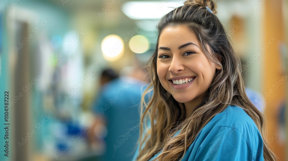 Smiling woman in scrubs in a hospital hallway. Smiling woman in scrubs in a hospital hallway.