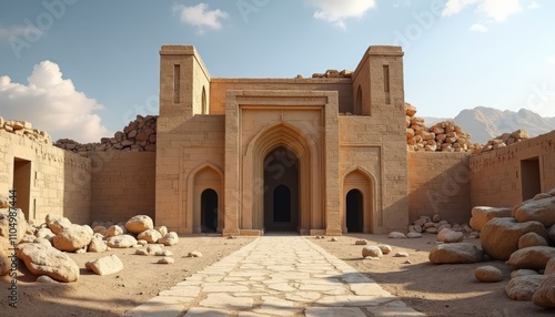 Abandoned stone structure with archway entrance in desert landscape photo