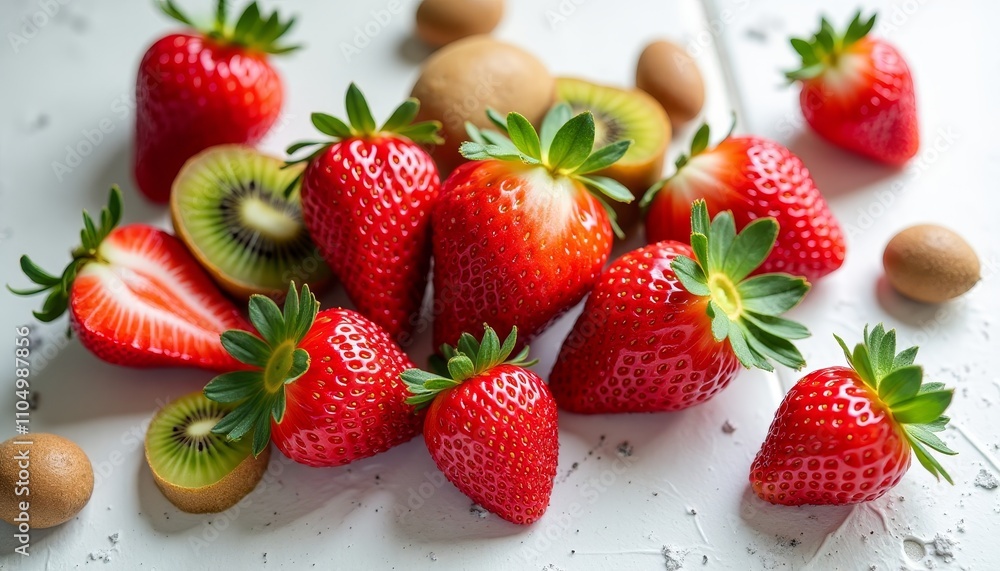 Fresh strawberries and sliced kiwis on a white plate with a hint of avocado in the background Fresh strawberries and sliced kiwis on a white plate with a hint of avocado in the background