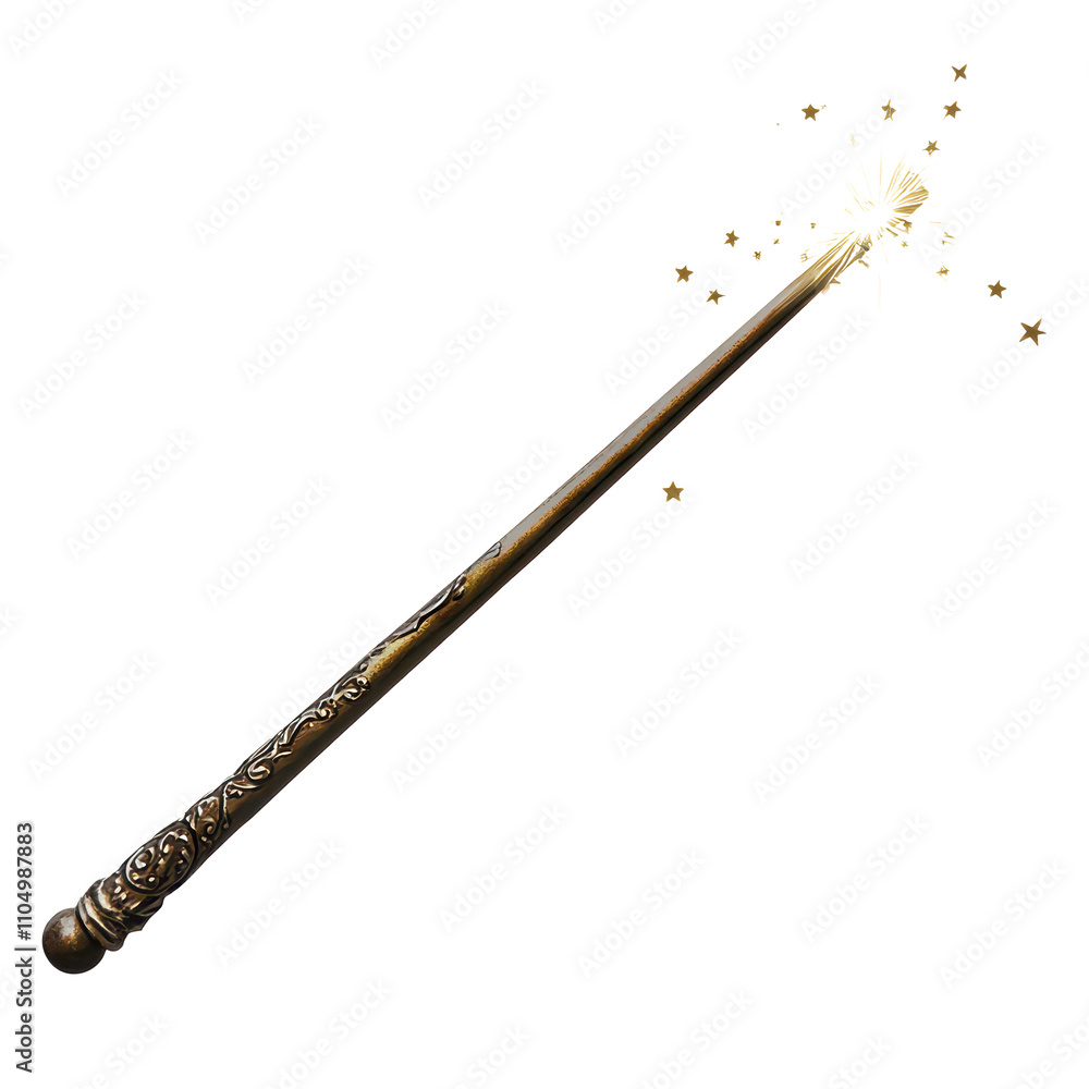 Naklejka premium A detailed magic wand sparkling with stars against a clean transparent background ideal for fantasy-themed designs, A magic wand, transparent background.