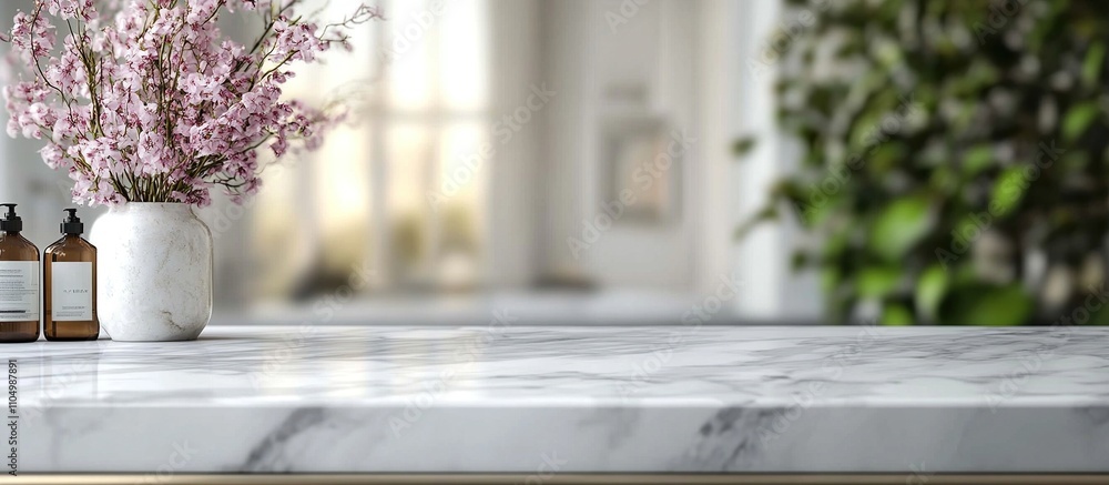 A serene marble countertop adorned with a floral arrangement and decorative bottles. A serene marble countertop adorned with a floral arrangement and decorative bottles.