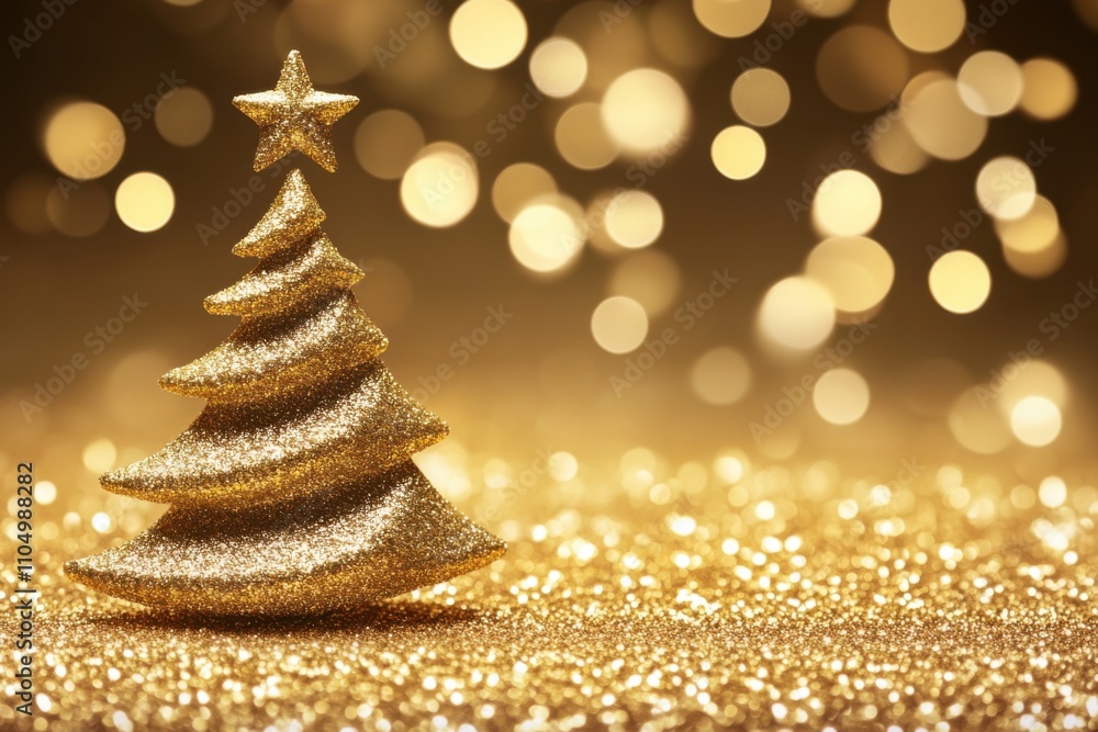 New year’s composition in golden tones. Against the background of glittering golden glitter, a stylized tree is adorned with a gold ribbon. The composition exudes luxury and festive mood. New year’s composition in golden tones. Against the background of glittering golden glitter, a stylized tree is adorned with a gold ribbon. The composition exudes luxury and festive mood.