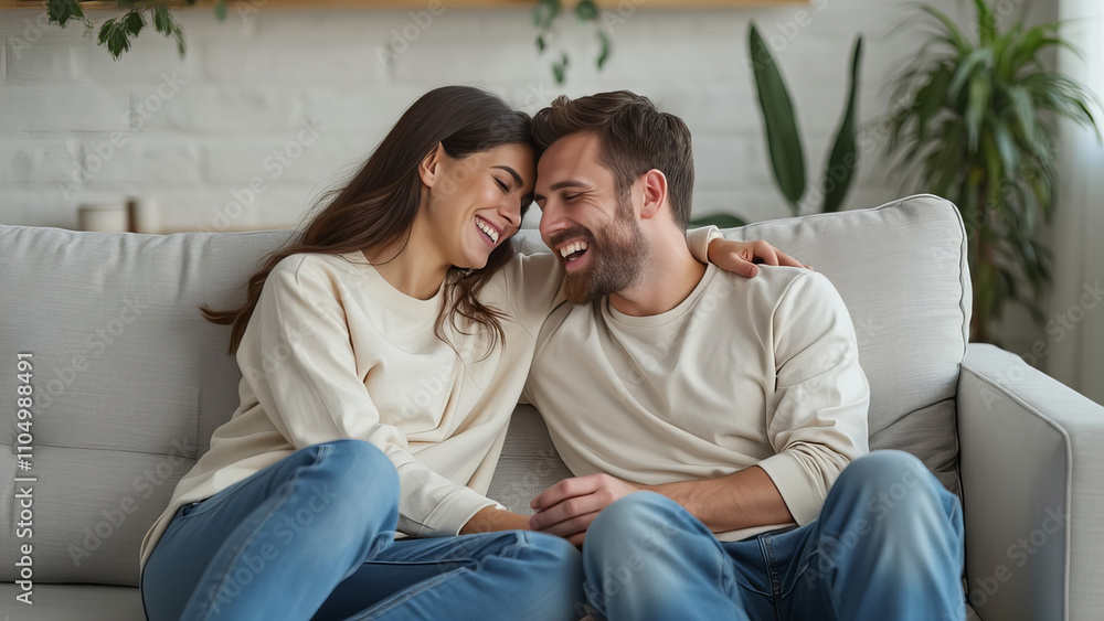A joyful couple wearing casual clothes shares a heartfelt laugh while sitting close on a cozy couch in a bright living room.
A joyful couple wearing casual clothes shares a heartfelt laugh while sitting close on a cozy couch in a bright living room.