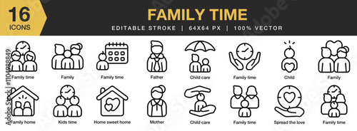 Family Time icon set. Editable Stroke Icon Collection. Includes family, happy, love, together, bonding, and More. Outline icons vector collection.