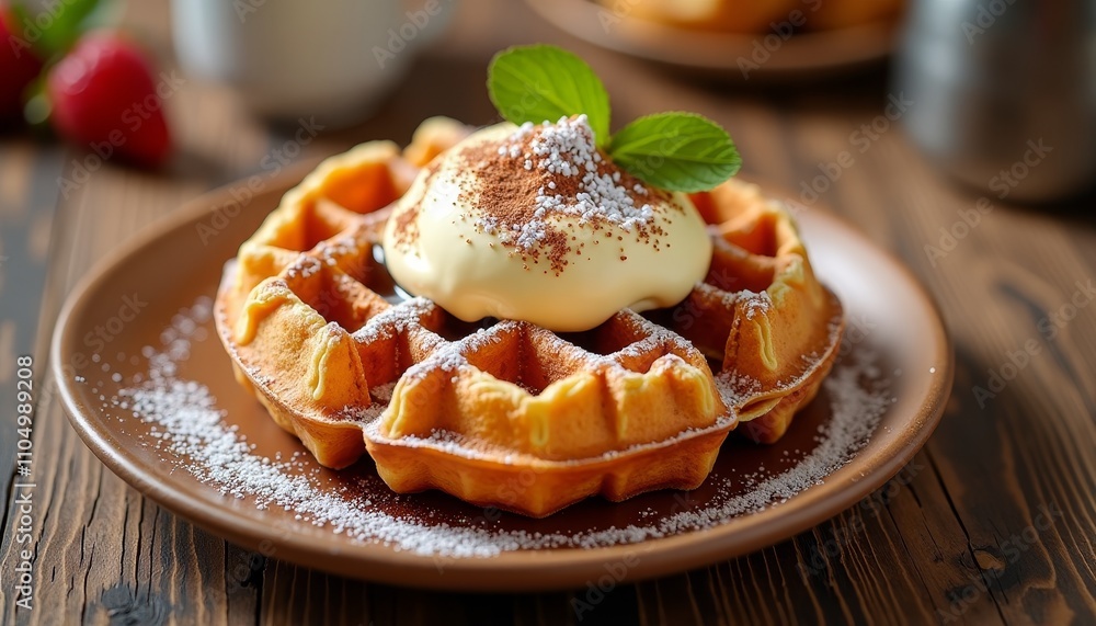 Delicious waffle dish on wooden table with powdered sugar and sauce Delicious waffle dish on wooden table with powdered sugar and sauce