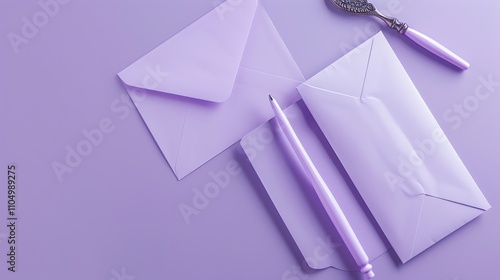 Three lilac envelopes, a lilac pen and a silver letter opener on a lilac background. photo