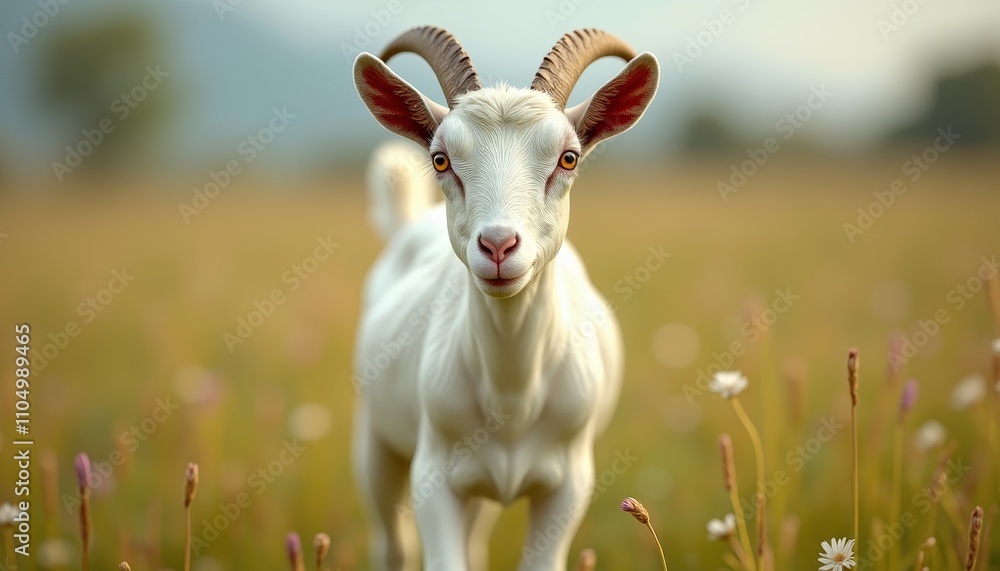 White goat in field with horns or Goat standing in grassy field White goat in field with horns or Goat standing in grassy field