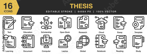 Thesis icon set. Editable Stroke Icon Collection. Includes Essay, Paper, Proposal, Report, Thesis, and More. Outline icons vector collection.