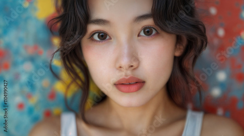 A cute young Asian American girl with short hair and wearing a white top. She is outdoors and standing against a colorful painted wall. Direct gaze.