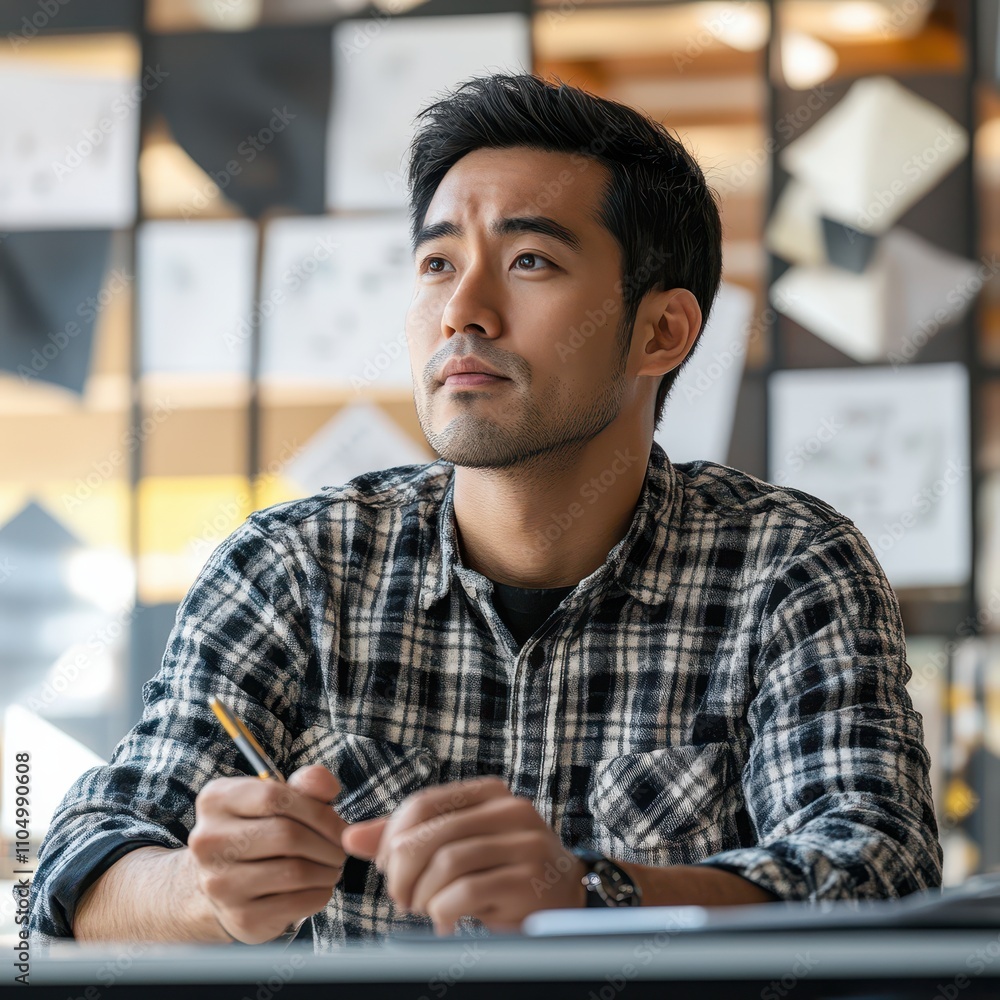 Asian man flipping a pen in concentration, modern office with geometric decor, brainstorming intensity Asian man flipping a pen in concentration, modern office with geometric decor, brainstorming intensity