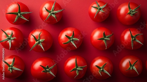 Bright red tomatoes arranged symmetrically on a rich red backdrop, bold and vibrant overhead shot.