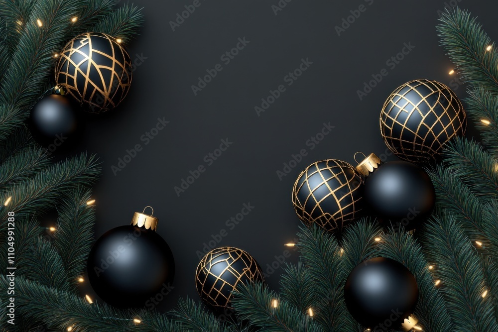 New Year’s Eve composition in dark tones. On a black background, the branches of the tree are elegantly arranged, decorated with matte black balls with golden elements. New Year’s Eve composition in dark tones. On a black background, the branches of the tree are elegantly arranged, decorated with matte black balls with golden elements.