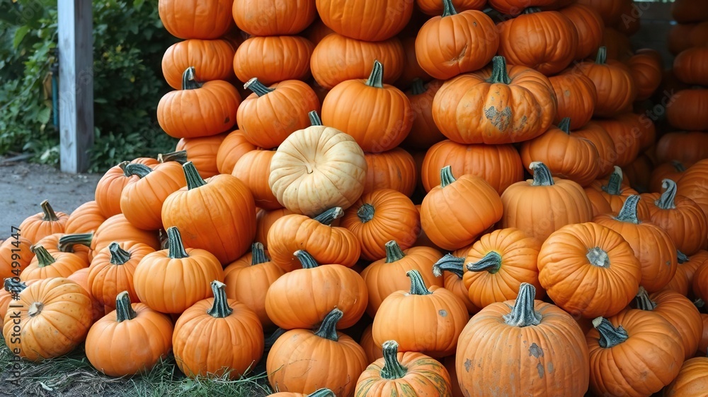 A beautiful pile of bright orange pumpkins stacked high in a natural setting, orange hues, natural beauty, bright oranges A beautiful pile of bright orange pumpkins stacked high in a natural setting, orange hues, natural beauty, bright oranges