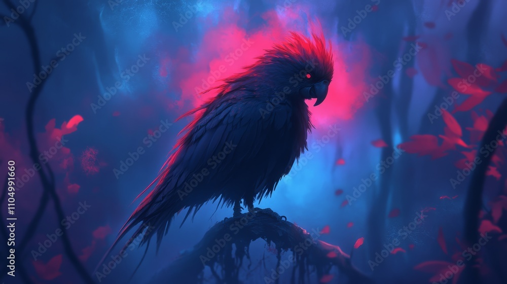 Fototapeta premium A creepy and cute parrot character stands there. Underground fungal kingdom, spectacular scene, apocalyptic and decadent, no man's land, deserted, dark, ominous, dark fantasy atmosphere, Japanese real
