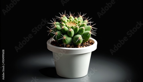 A green cactus with white spines in a white pot on a gray surface photo