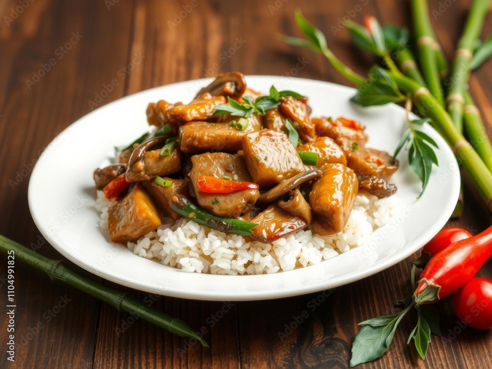 Savory pork chop with bell peppers, mushrooms, and bamboo slices served over a bed of rice, delicious, meal Savory pork chop with bell peppers, mushrooms, and bamboo slices served over a bed of rice, delicious, meal