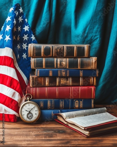 Commemorative Display Pearl Harbor Remembrance Day, Independence Day, and Veterans Day Tribute with Vintage Books and Flag photo