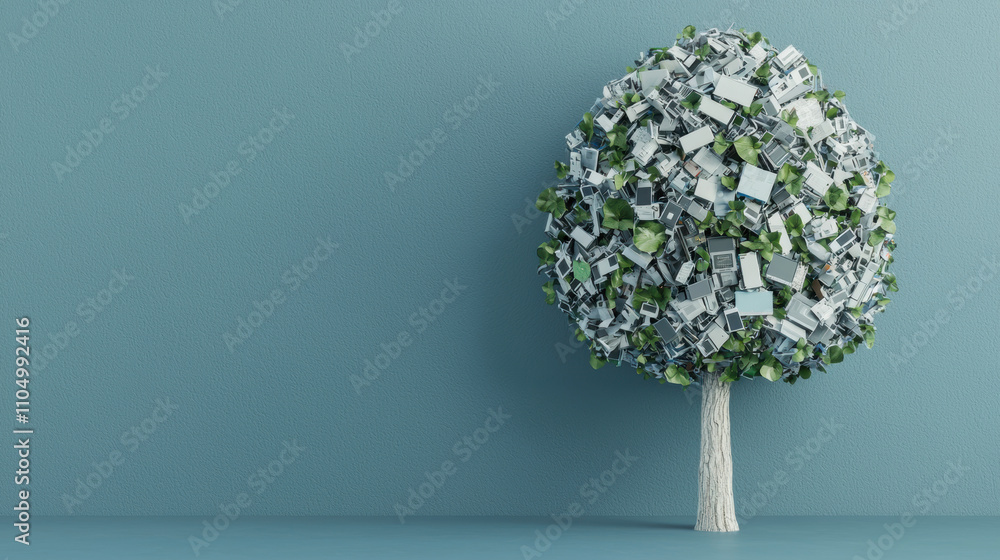 Recycle upcycling management concept. A stylized tree made of paper currency and leaves, symbolizing finance, growth, and environmental awareness against a muted blue background. Recycle upcycling management concept. A stylized tree made of paper currency and leaves, symbolizing finance, growth, and environmental awareness against a muted blue background.