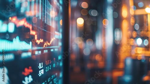 Close-up of a digital screen showing a fluctuating oil price graph with a blurred background of oil barrels and financial charts. Energy crisis, crude oil price trends, global oil markets photo