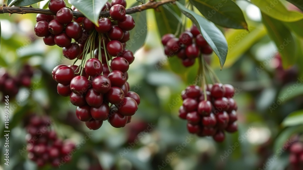 A cluster of red cherry coffee beans hanging from a tree branch, arabica, beans A cluster of red cherry coffee beans hanging from a tree branch, arabica, beans