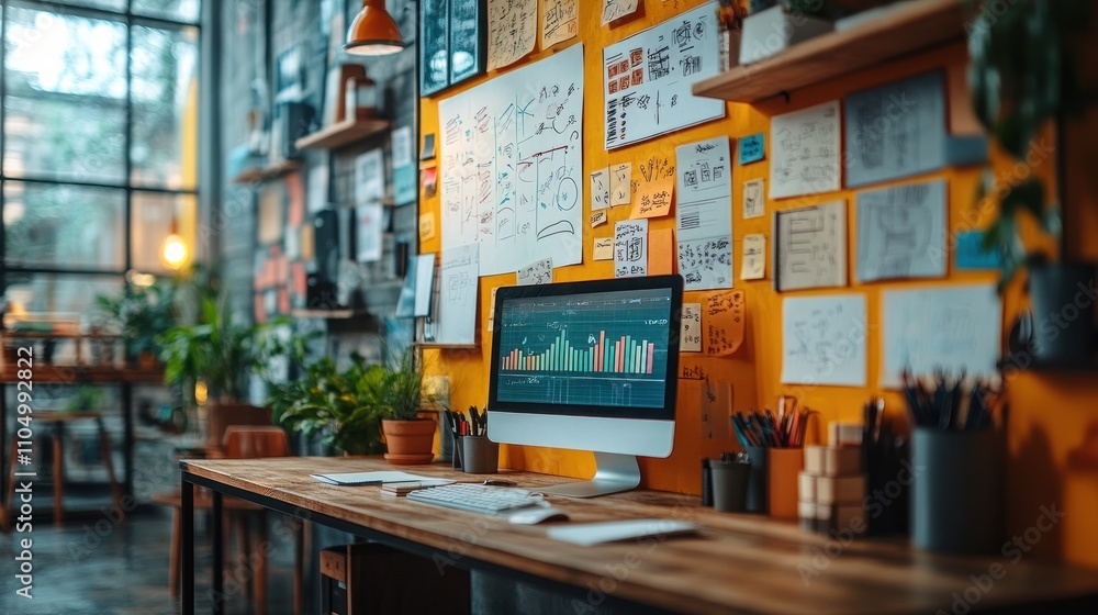 A modern workspace with a computer displaying data charts and a yellow wall with sticky notes and drawings. A modern workspace with a computer displaying data charts and a yellow wall with sticky notes and drawings.