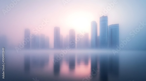 Misty Morning Cityscape Towers Reflecting in Calm Water