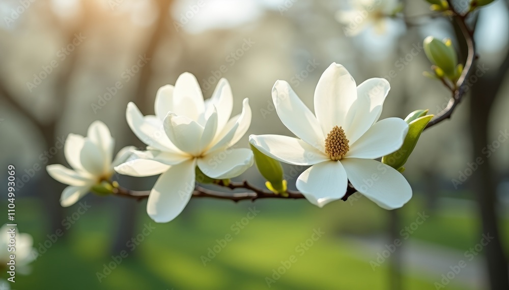 Obraz premium Blooming white flowers on branch in sunlight