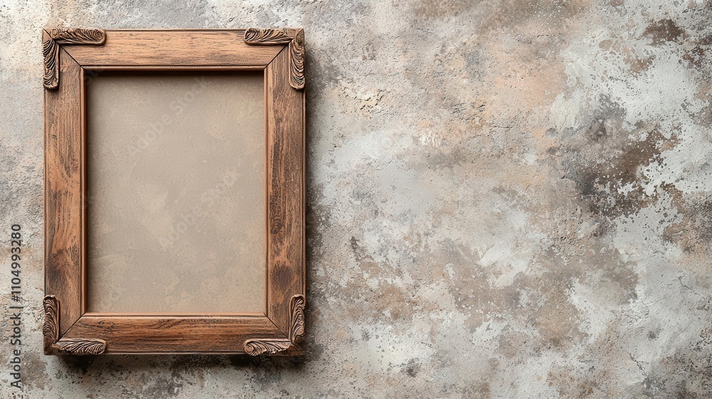 Wooden picture frame with detailed corner carvings, raw beauty against a neutral background Wooden picture frame with detailed corner carvings, raw beauty against a neutral background