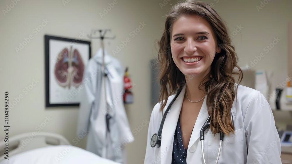 A female doctor smiles at the camera in her office. A female doctor smiles at the camera in her office.