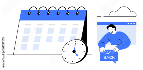 A man holds a sign reading Cash Back next to a large desk calendar and clock. Ideal for financial planning time management online stores promotions marketing e-commerce deadlines scheduling. Simple