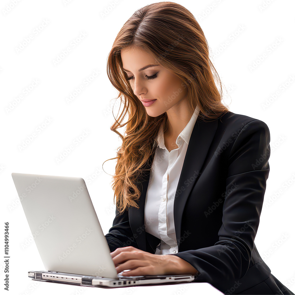 Professional woman focused on laptop work in a modern environment during the day, Beautiful businesswoman using laptop isolated on Png Professional woman focused on laptop work in a modern environment during the day, Beautiful businesswoman using laptop isolated on Png