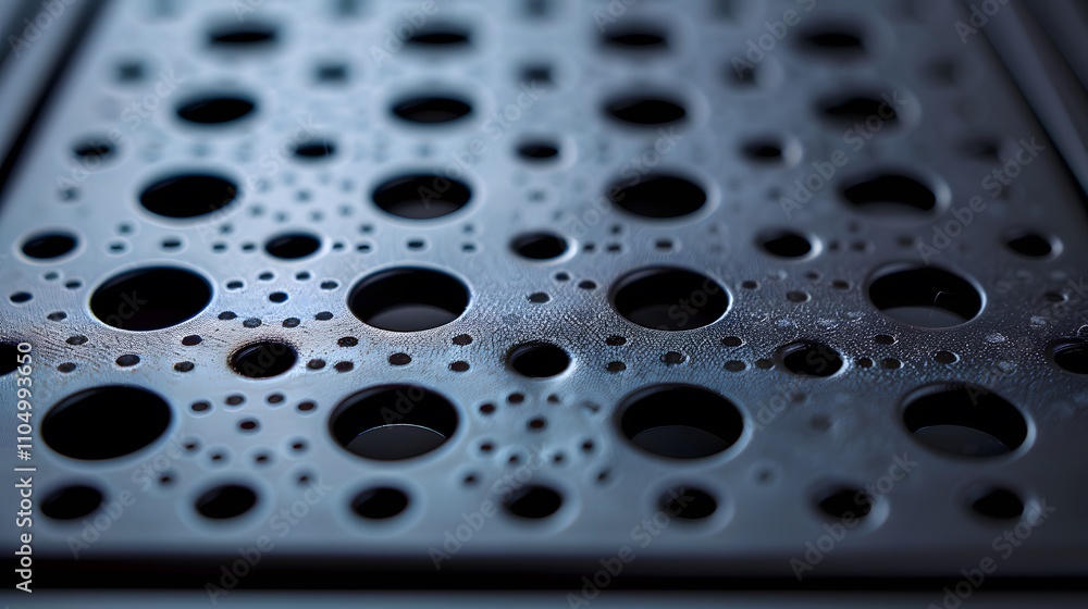 Close-up of a perforated metal sheet with varying sized holes, showing texture and depth. Close-up of a perforated metal sheet with varying sized holes, showing texture and depth.
